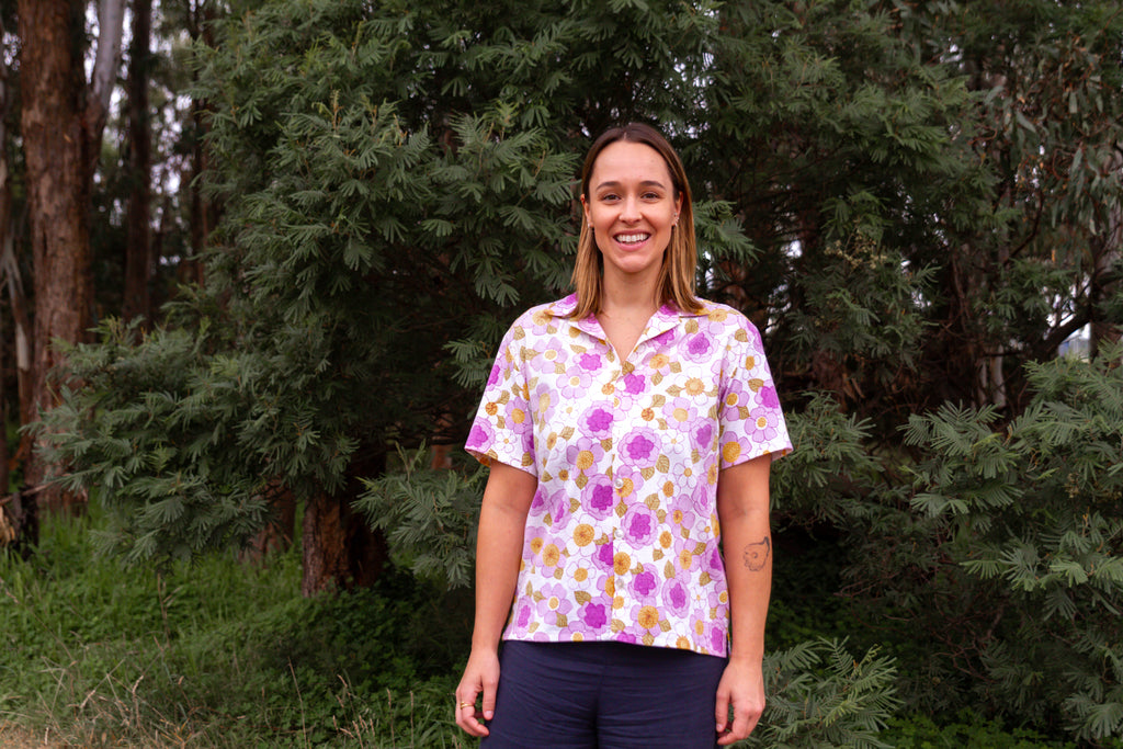 1970s Classic Cut Unisex Upcycled Cotton Button-up Shirt – Mauve Nostalgia (White & Purple / Size S) | First Gen Freedomfield