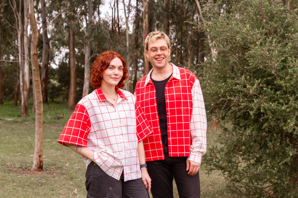 Vintage Cut Unisex Upcycled Cotton/Polyester Checked Button-up Shirt – Gridlines (Red & White / Size M) | Freedomfield