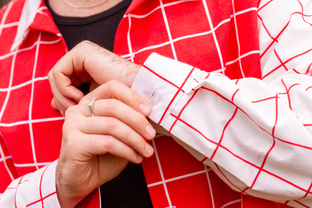 Long Sleeve Unisex Upcycled Cotton/Polyester Checked Button-up Overshirt – Gridlines (Red & White / Size L) | Freedomfield