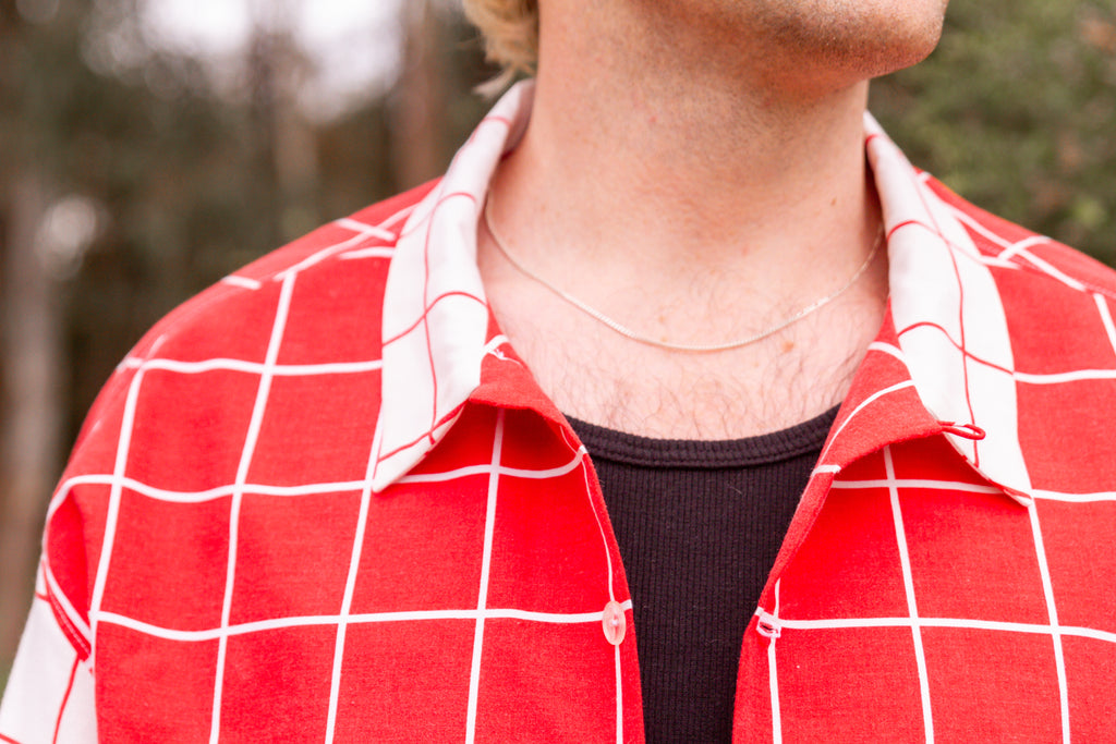Long Sleeve Unisex Upcycled Cotton/Polyester Checked Button-up Overshirt – Gridlines (Red & White / Size L) | Freedomfield