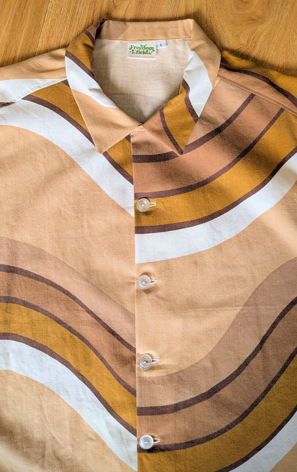 1970s Vintage Cut Unisex Upcycled Cotton Button-Up Shirt – Cinnamon Groove (Brown & Cream / Size L) | Freedomfield