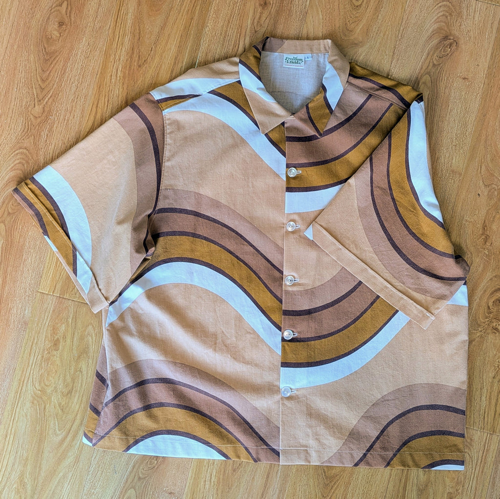 1970s Vintage Cut Unisex Upcycled Cotton Button-Up Shirt – Cinnamon Groove (Brown & Cream / Size L) | Freedomfield