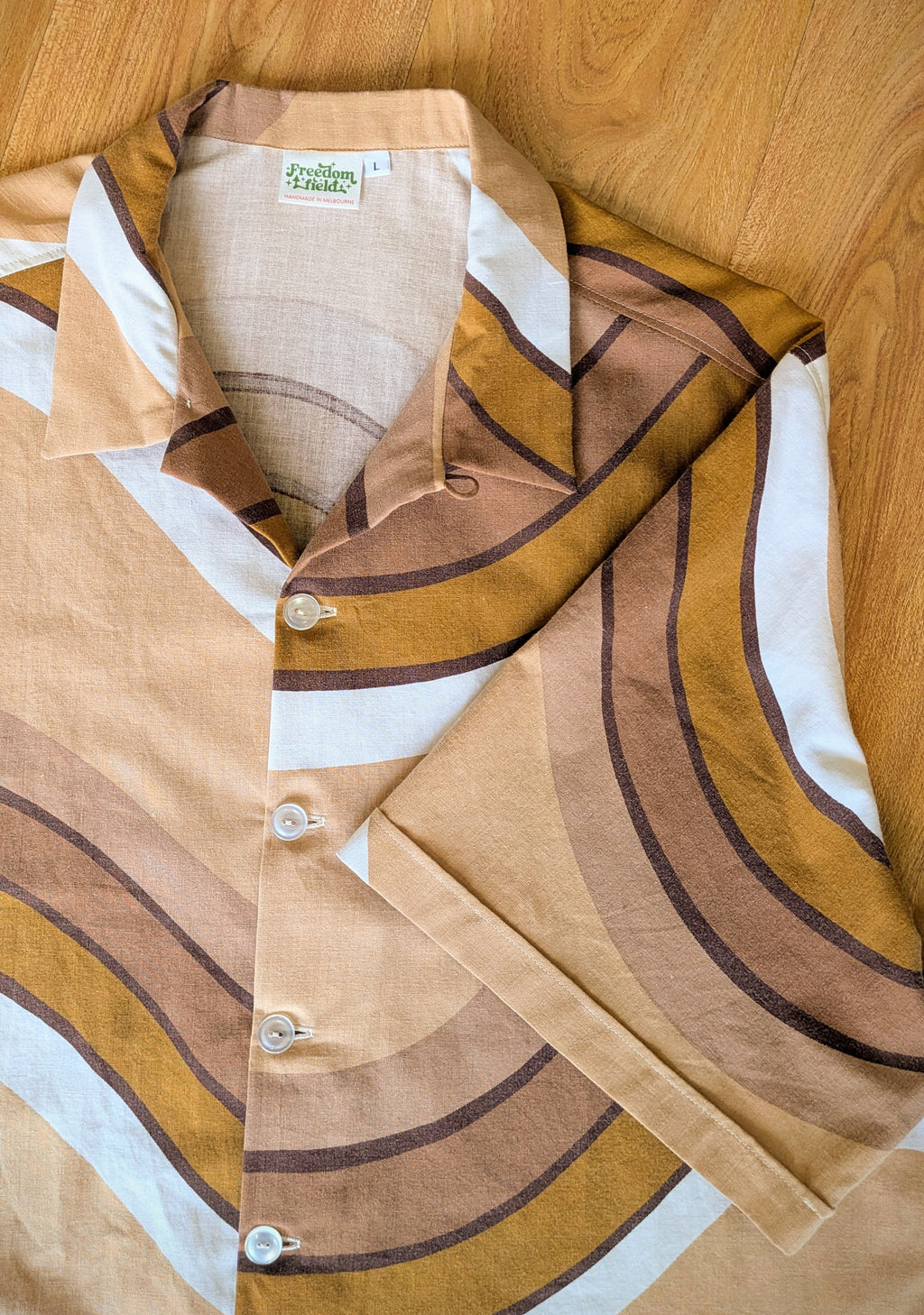 1970s Vintage Cut Unisex Upcycled Cotton Button-Up Shirt – Cinnamon Groove (Brown & Cream / Size L) | Freedomfield