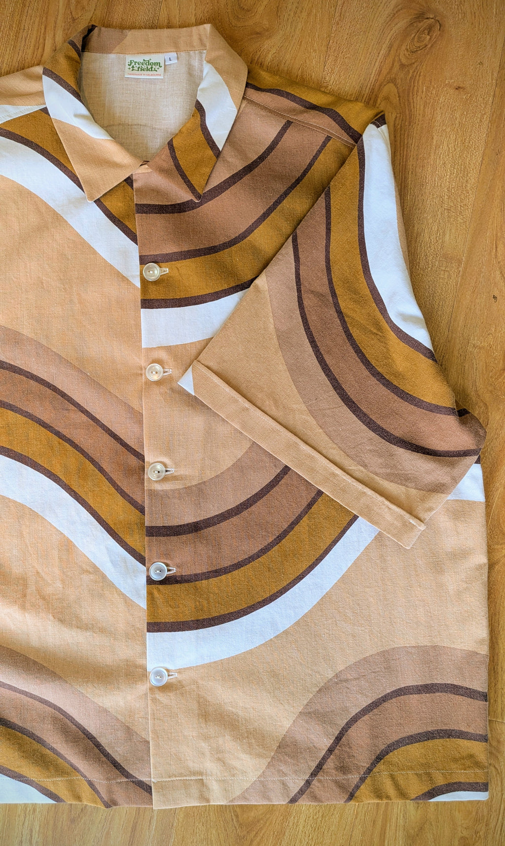 1970s Vintage Cut Unisex Upcycled Cotton Button-Up Shirt – Cinnamon Groove (Brown & Cream / Size L) | Freedomfield
