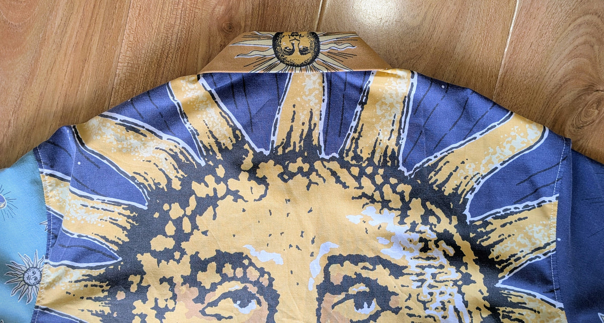 1990s Vintage Cut Unisex Upcycled Cotton Button-up Shirt – Whimsigoth Celestial Sun (Blue & Yellow / Size S) | Freedomfield