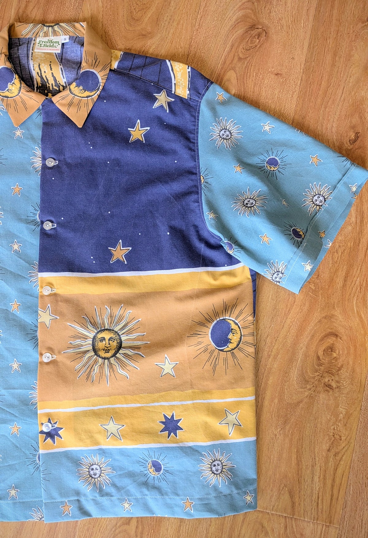 1990s Vintage Cut Unisex Upcycled Cotton Button-up Shirt – Whimsigoth Celestial Sun (Blue & Yellow / Size S) | Freedomfield