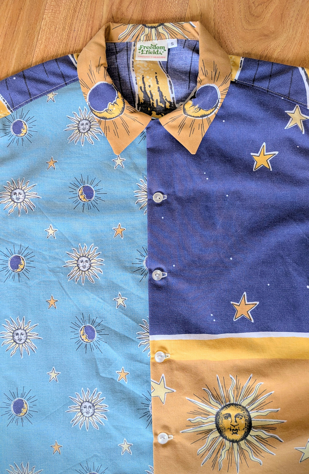 1990s Vintage Cut Unisex Upcycled Cotton Button-up Shirt – Whimsigoth Celestial Sun (Blue & Yellow / Size S) | Freedomfield