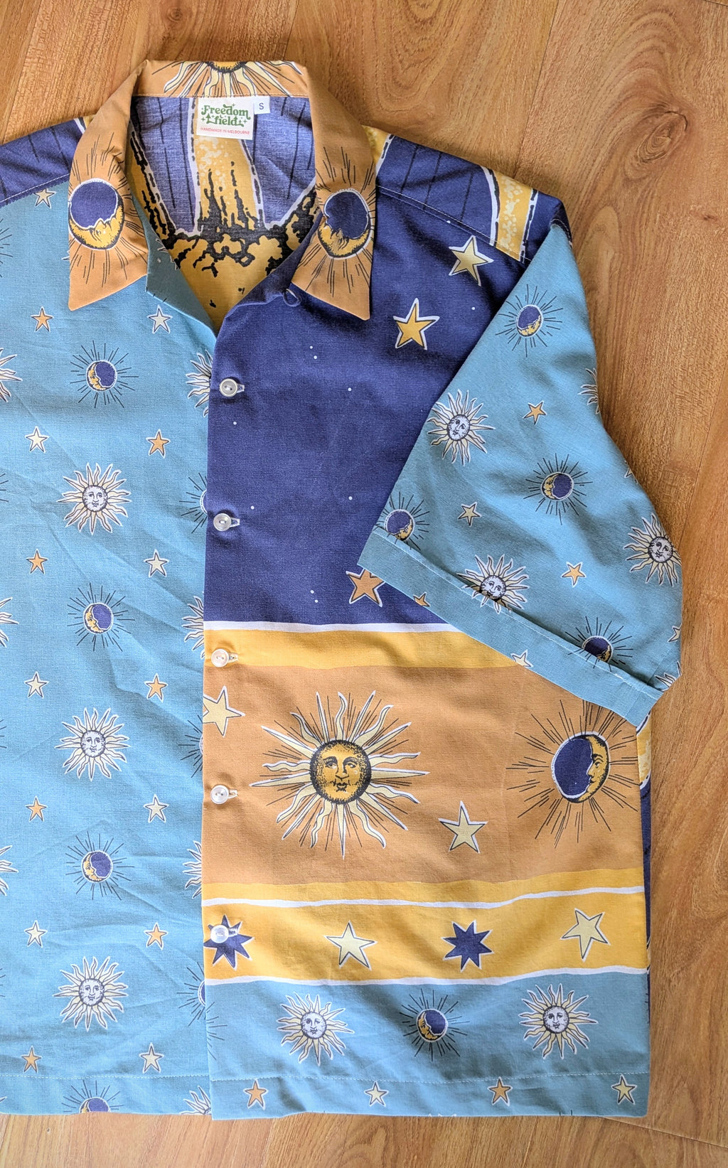 1990s Vintage Cut Unisex Upcycled Cotton Button-up Shirt – Whimsigoth Celestial Sun (Blue & Yellow / Size S) | Freedomfield