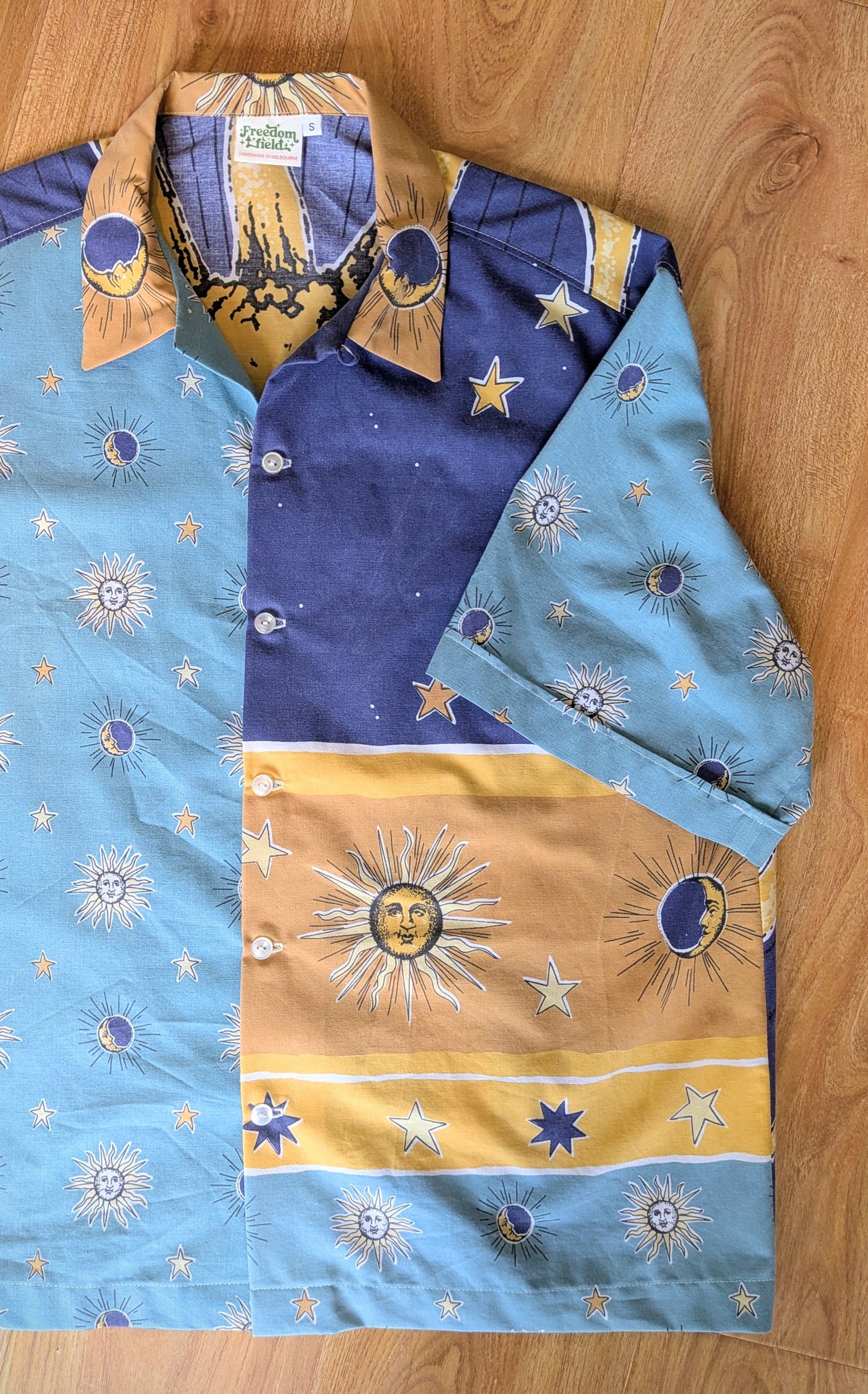 1990s Vintage Cut Unisex Upcycled Cotton Button-up Shirt – Whimsigoth Celestial Sun (Blue & Yellow / Size S) | Freedomfield