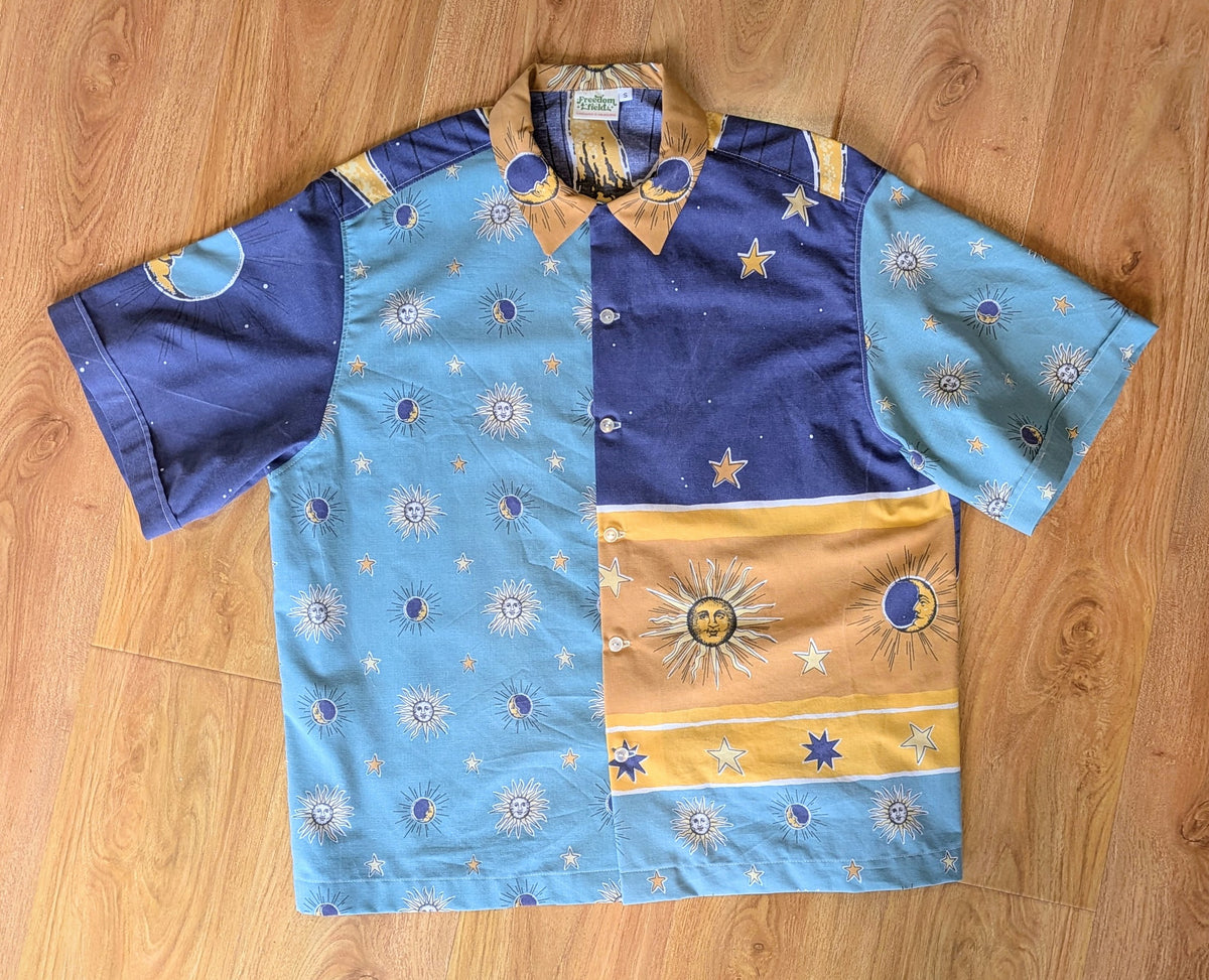 1990s Vintage Cut Unisex Upcycled Cotton Button-up Shirt – Whimsigoth Celestial Sun (Blue & Yellow / Size S) | Freedomfield