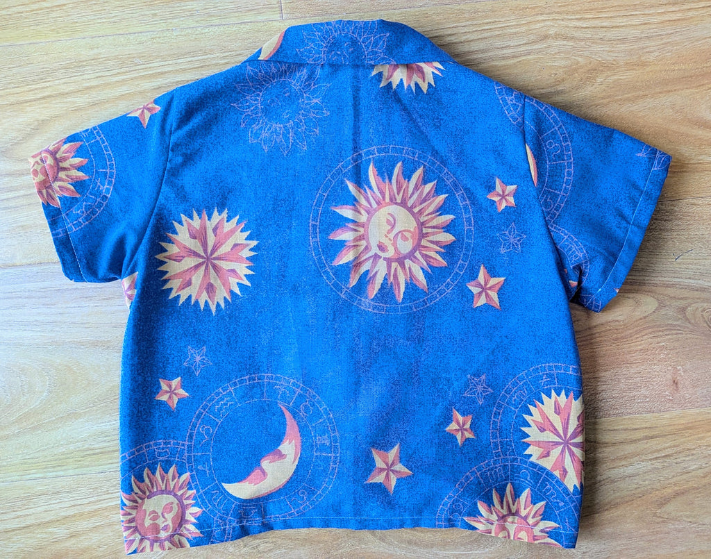 1990s Vintage Kids Unisex Upcycled Cotton Button-up Shirt – Celestial Sun & Moon, Mini Collection (Blue & Orange / Size 2) | Freedomfield