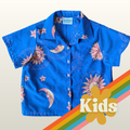 1990s Vintage Kids Unisex Upcycled Cotton Button-up Shirt – Celestial Sun & Moon, Mini Collection (Blue & Orange / Size 2) | Freedomfield