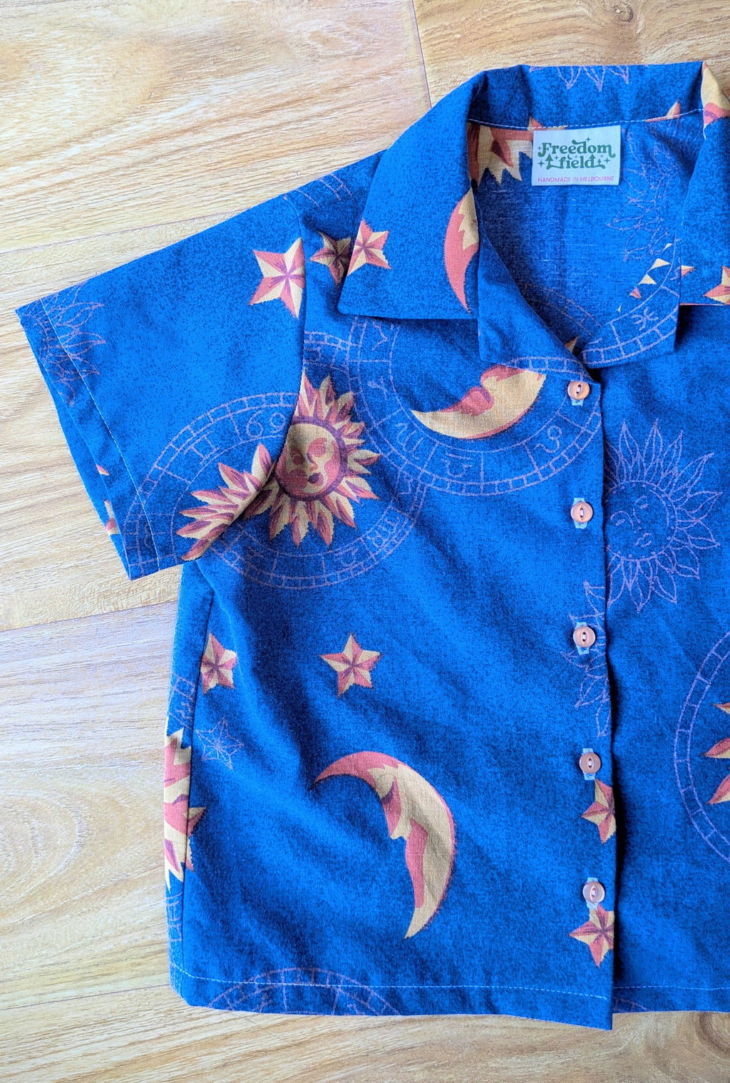 1990s Vintage Kids Unisex Upcycled Cotton Button-up Shirt – Celestial Sun & Moon, Mini Collection (Blue & Orange / Size 2) | Freedomfield