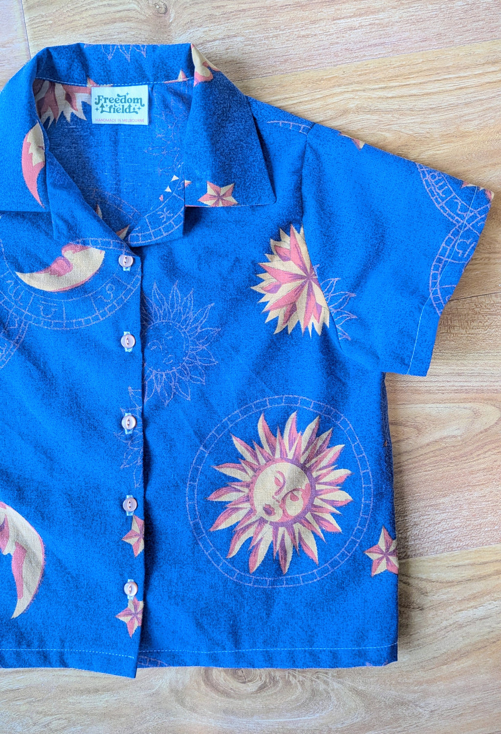1990s Vintage Kids Unisex Upcycled Cotton Button-up Shirt – Celestial Sun & Moon, Mini Collection (Blue & Orange / Size 2) | Freedomfield