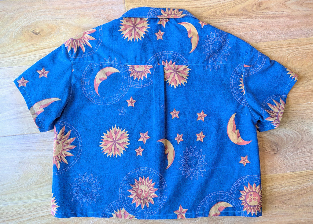 1990s Vintage Classic Cut Crop Unisex Upcycled Cotton Button-up Shirt – Celestial Sun & Moon (Blue & Orange / Size S) | First Gen Freedomfield