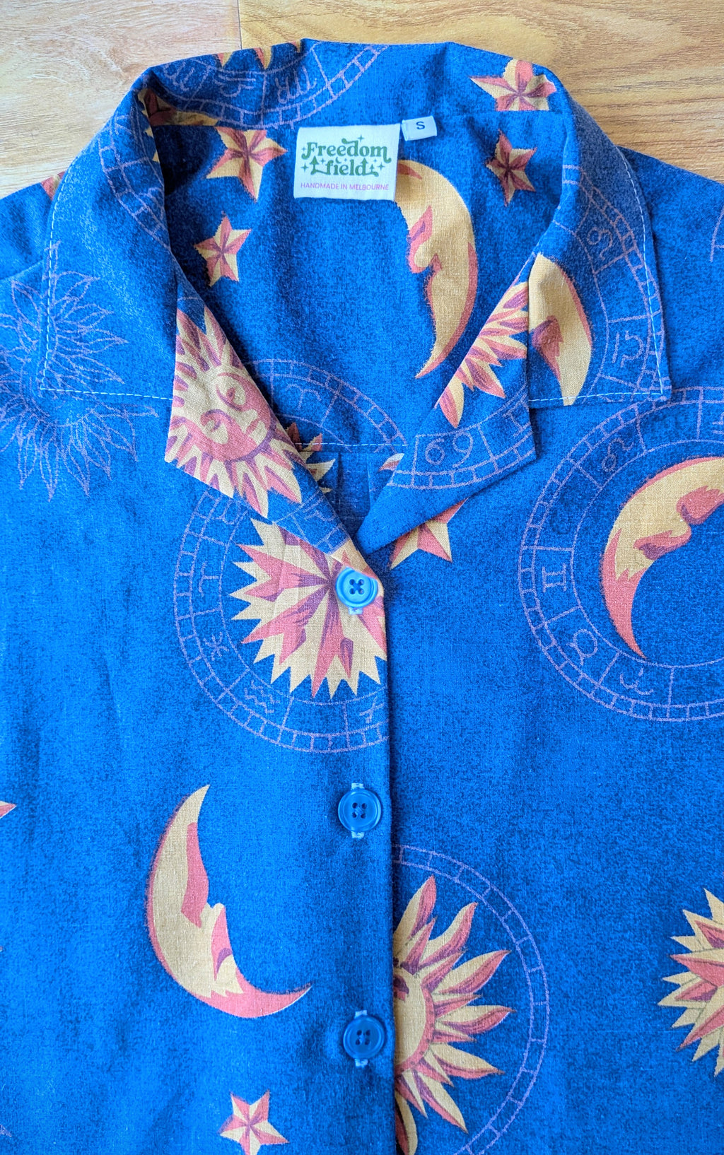 1990s Vintage Classic Cut Crop Unisex Upcycled Cotton Button-up Shirt – Celestial Sun & Moon (Blue & Orange / Size S) | First Gen Freedomfield