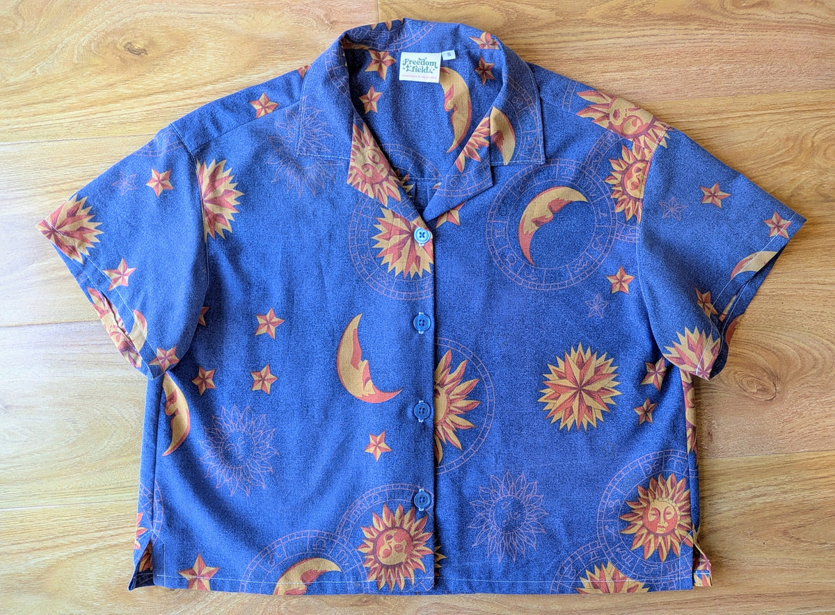 1990s Vintage Classic Cut Crop Unisex Upcycled Cotton Button-up Shirt – Celestial Sun & Moon (Blue & Orange / Size S) | First Gen Freedomfield
