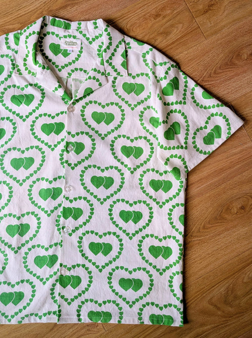 1970s Style Classic Cut Unisex Upcycled Cotton Button-up Shirt – Brat Love (White & Green / Size M) | Freedomfield