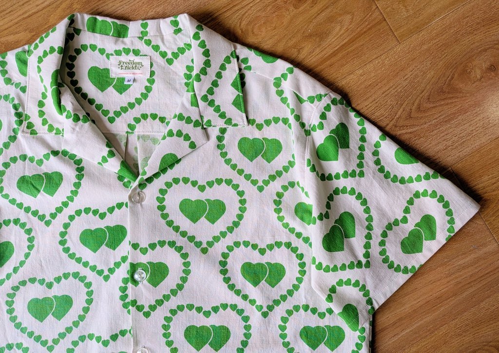 1970s Style Classic Cut Unisex Upcycled Cotton Button-up Shirt – Brat Love (White & Green / Size M) | Freedomfield