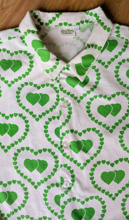 1970s Style Long Sleeve Unisex Upcycled Cotton Button-up Overshirt – Brat Love (White & Green / Size L) | Freedomfield