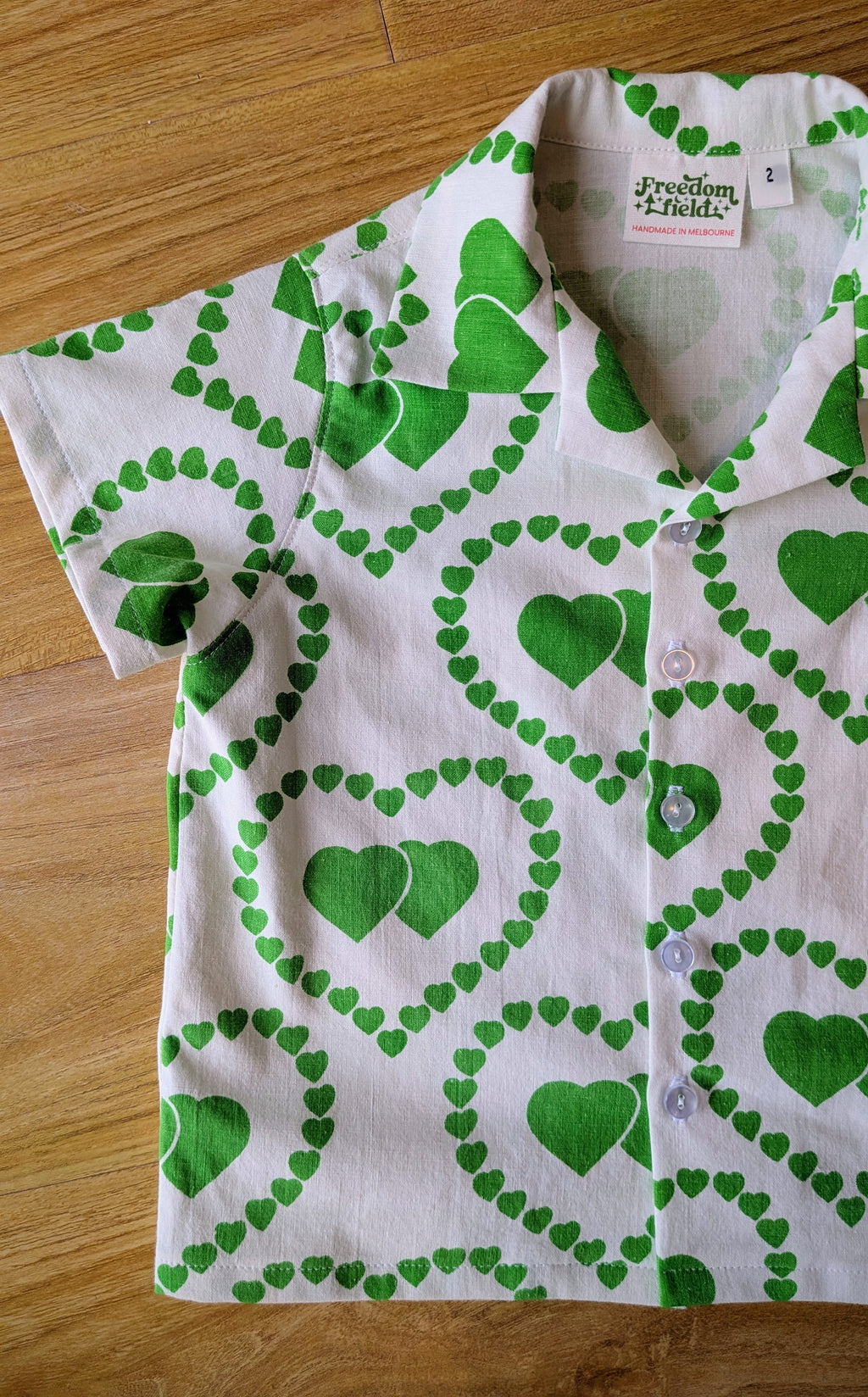 Kids Unisex Upcycled Cotton Button-up Shirt – Brat Love, Mini Collection (White & Green / Size 2) | Freedomfield