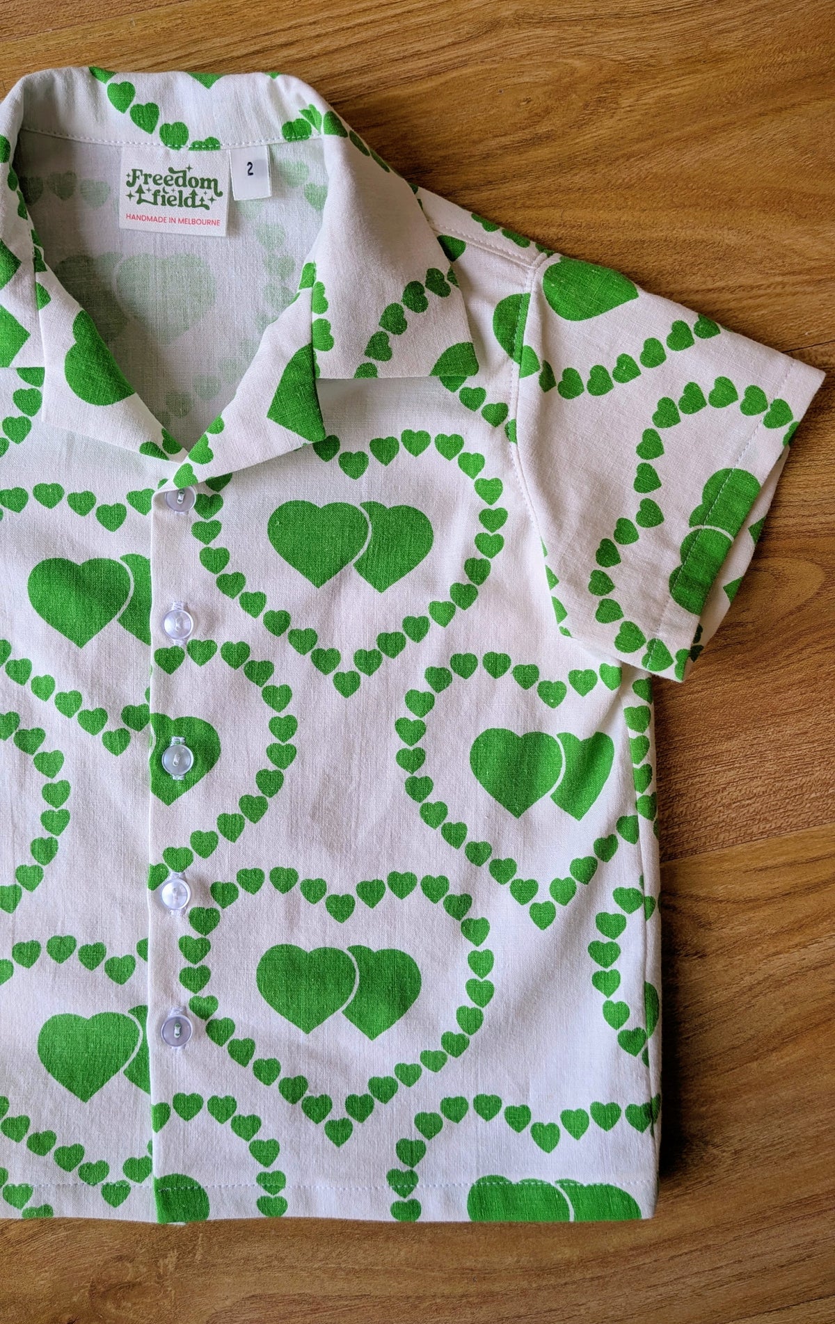 Kids Unisex Upcycled Cotton Button-up Shirt – Brat Love, Mini Collection (White & Green / Size 2) | Freedomfield