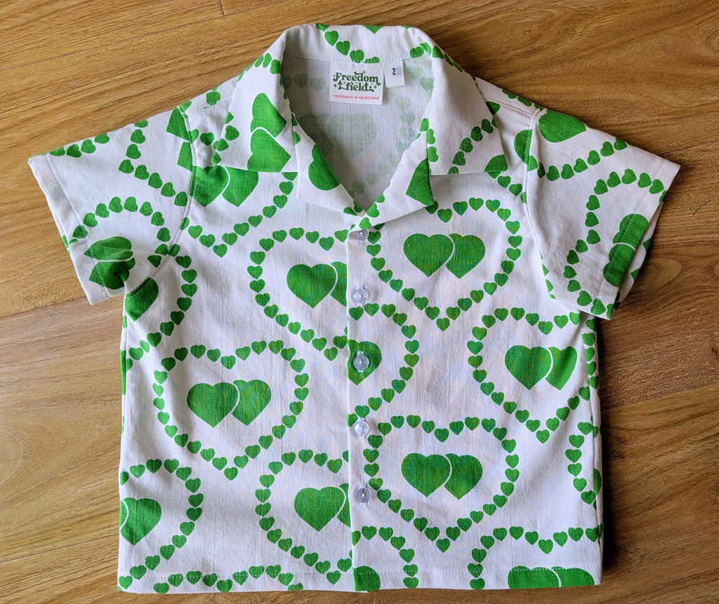 Kids Unisex Upcycled Cotton Button-up Shirt – Brat Love, Mini Collection (White & Green / Size 2) | Freedomfield