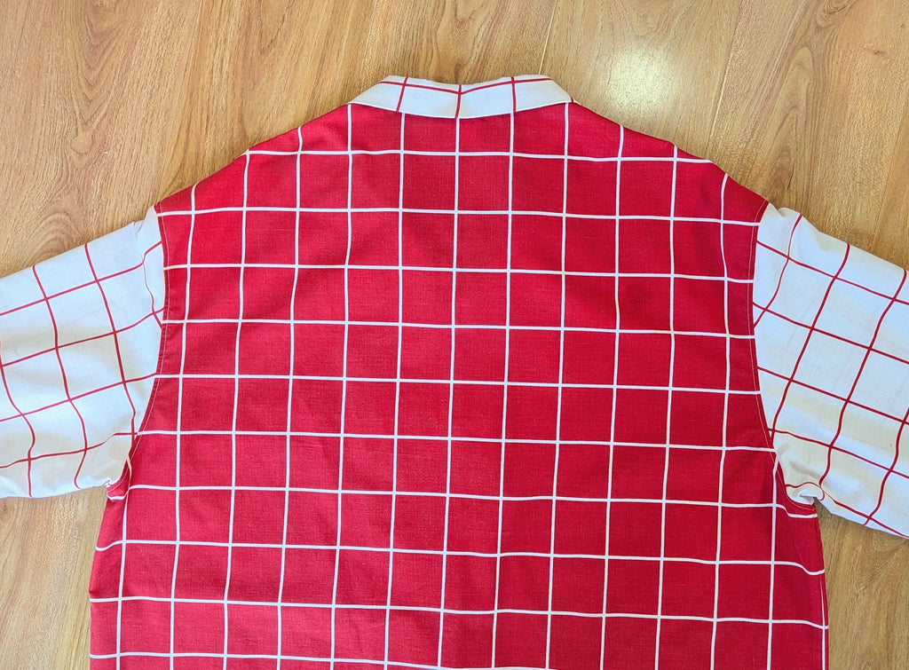 Long Sleeve Unisex Upcycled Cotton/Polyester Checked Button-up Overshirt – Gridlines (Red & White / Size L) | Freedomfield