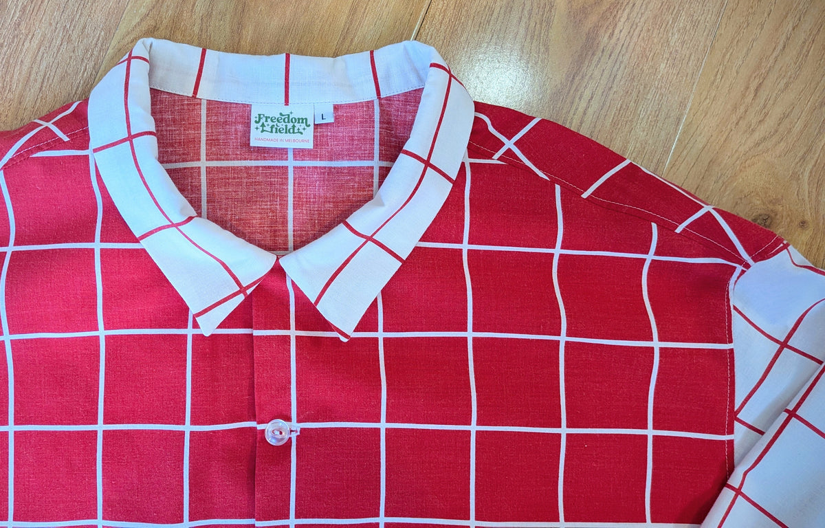 Long Sleeve Unisex Upcycled Cotton/Polyester Checked Button-up Overshirt – Gridlines (Red & White / Size L) | Freedomfield