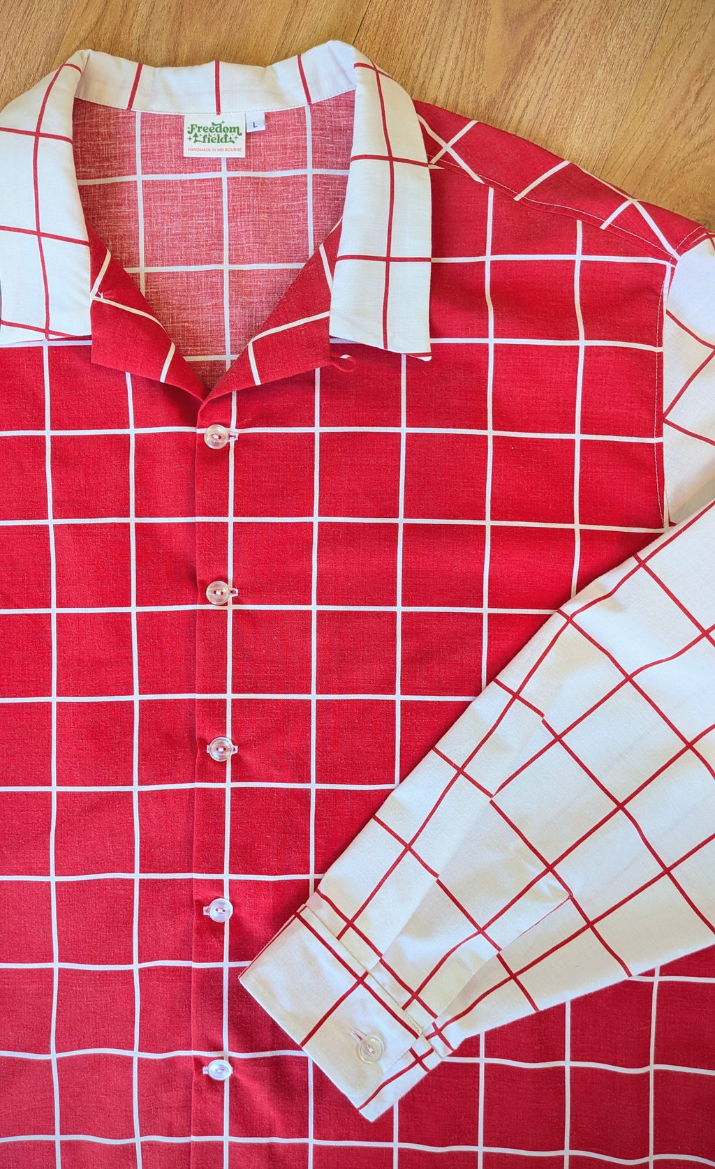Long Sleeve Unisex Upcycled Cotton/Polyester Checked Button-up Overshirt – Gridlines (Red & White / Size L) | Freedomfield