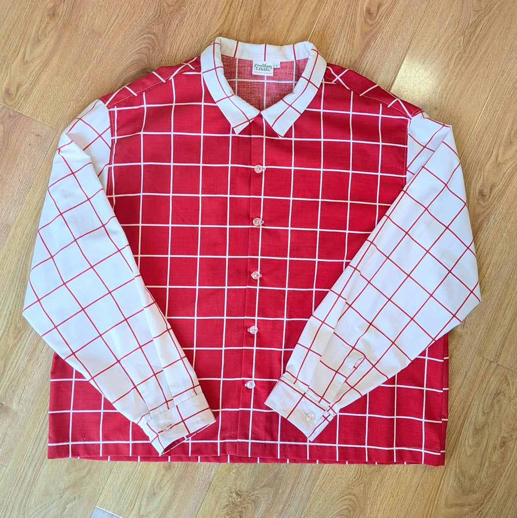 Long Sleeve Unisex Upcycled Cotton/Polyester Checked Button-up Overshirt – Gridlines (Red & White / Size L) | Freedomfield