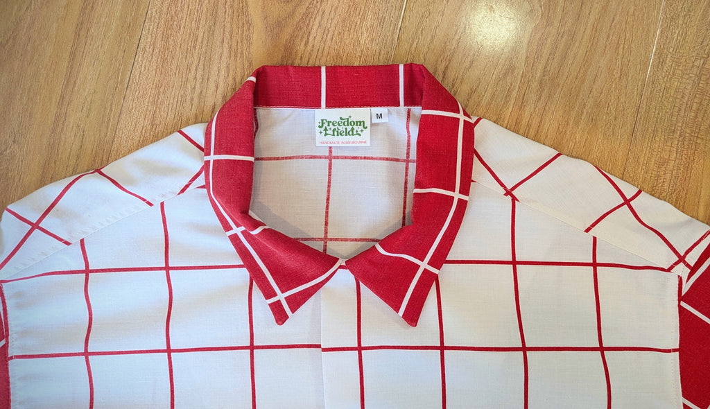 Vintage Cut Unisex Upcycled Cotton/Polyester Checked Button-up Shirt – Gridlines (Red & White / Size M) | Freedomfield