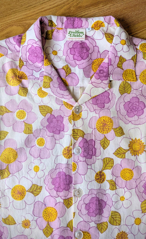 1970s Classic Cut Unisex Upcycled Cotton Button-up Shirt – Mauve Nostalgia (White & Purple / Size S) | First Gen Freedomfield