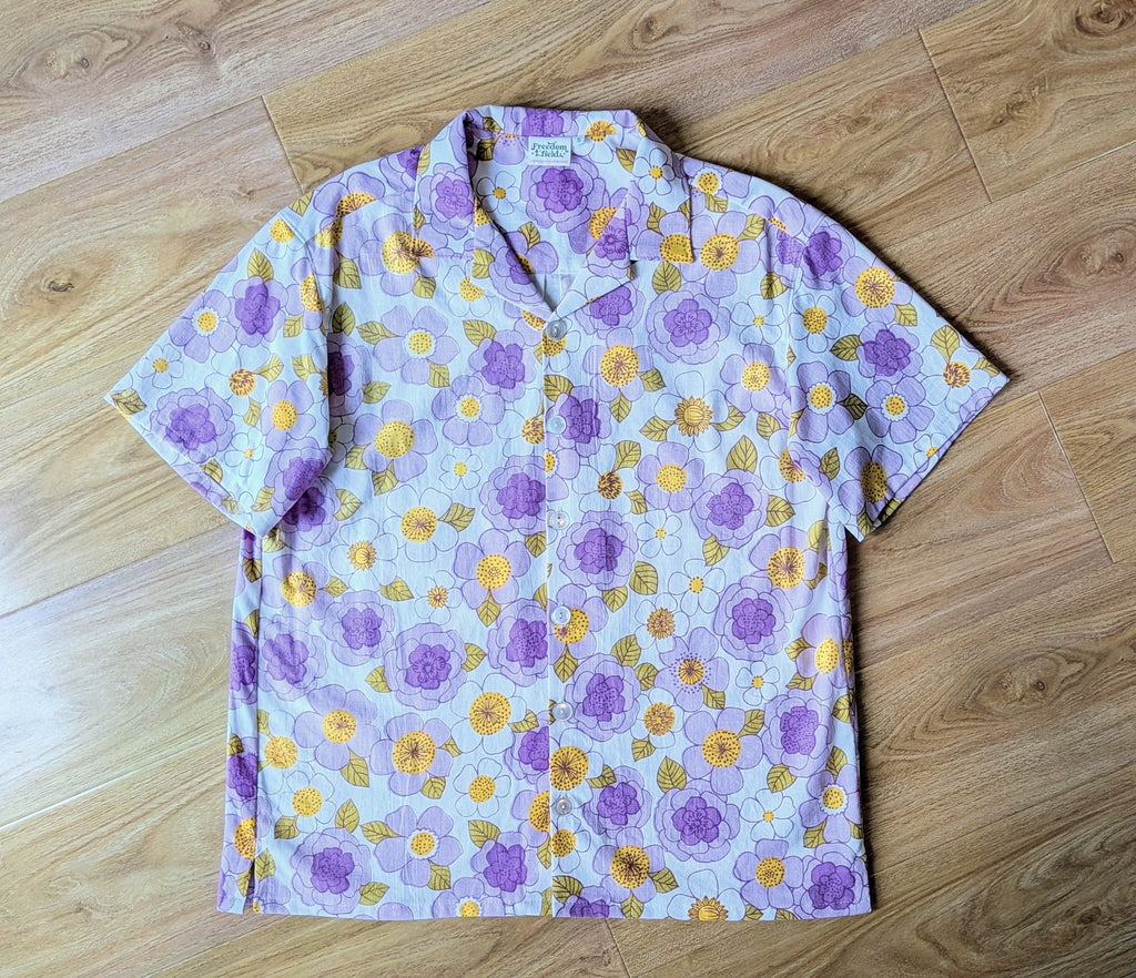 1970s Classic Cut Unisex Upcycled Cotton Button-up Shirt – Mauve Nostalgia (White & Purple / Size S) | First Gen Freedomfield
