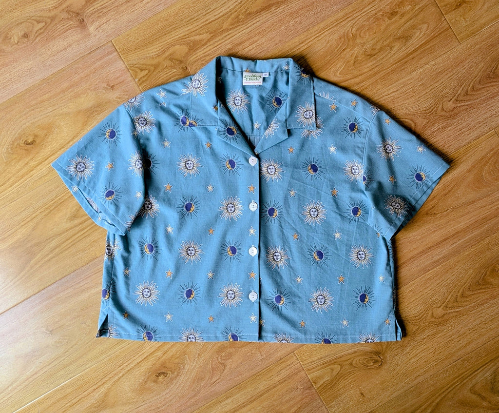 1990s Classic Cut Crop Upcycled Cotton Button-up Shirt – Celestial Sun & Moon (Light Blue / Size M) | First Gen Freedomfield