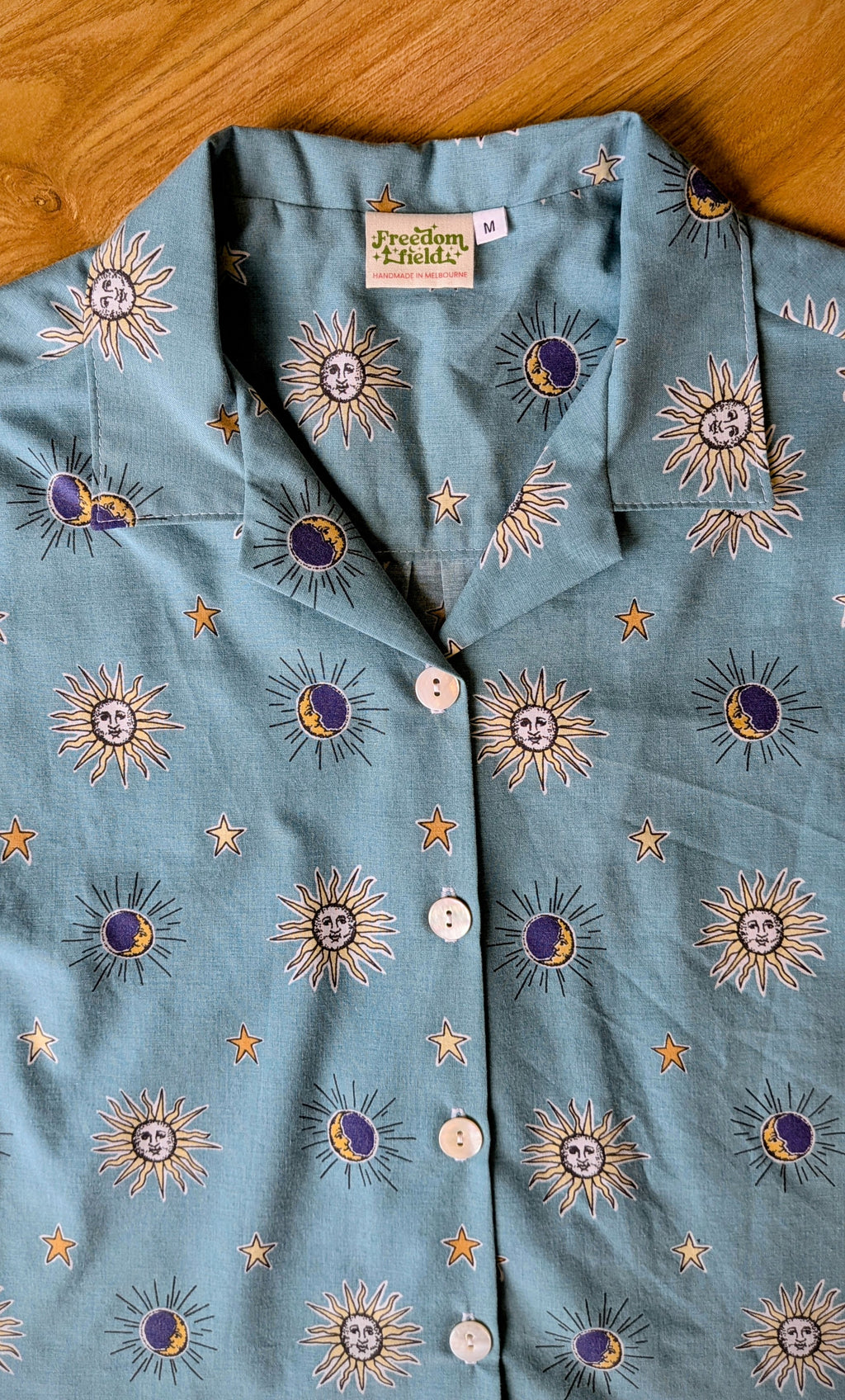 1990s Classic Cut Crop Upcycled Cotton Button-up Shirt – Celestial Sun & Moon (Light Blue / Size M) | First Gen Freedomfield