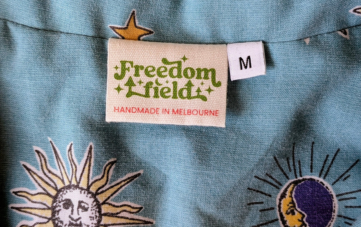 1990s Classic Cut Crop Upcycled Cotton Button-up Shirt – Celestial Sun & Moon (Light Blue / Size M) | First Gen Freedomfield