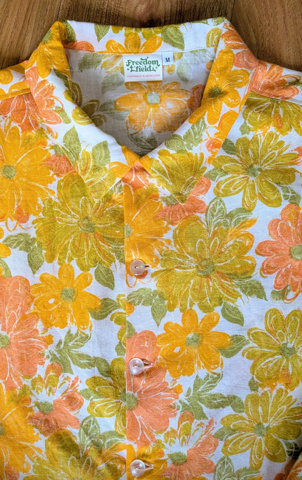 1970s Vintage Long Sleeve Unisex Upcycled Cotton Button-up Overshirt – Lazy Daisy (Yellow, Orange & Green / Size M) | Freedomfield
