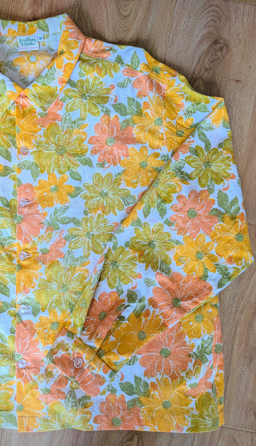 1970s Vintage Long Sleeve Unisex Upcycled Cotton Button-up Overshirt – Lazy Daisy (Yellow, Orange & Green / Size M) | Freedomfield