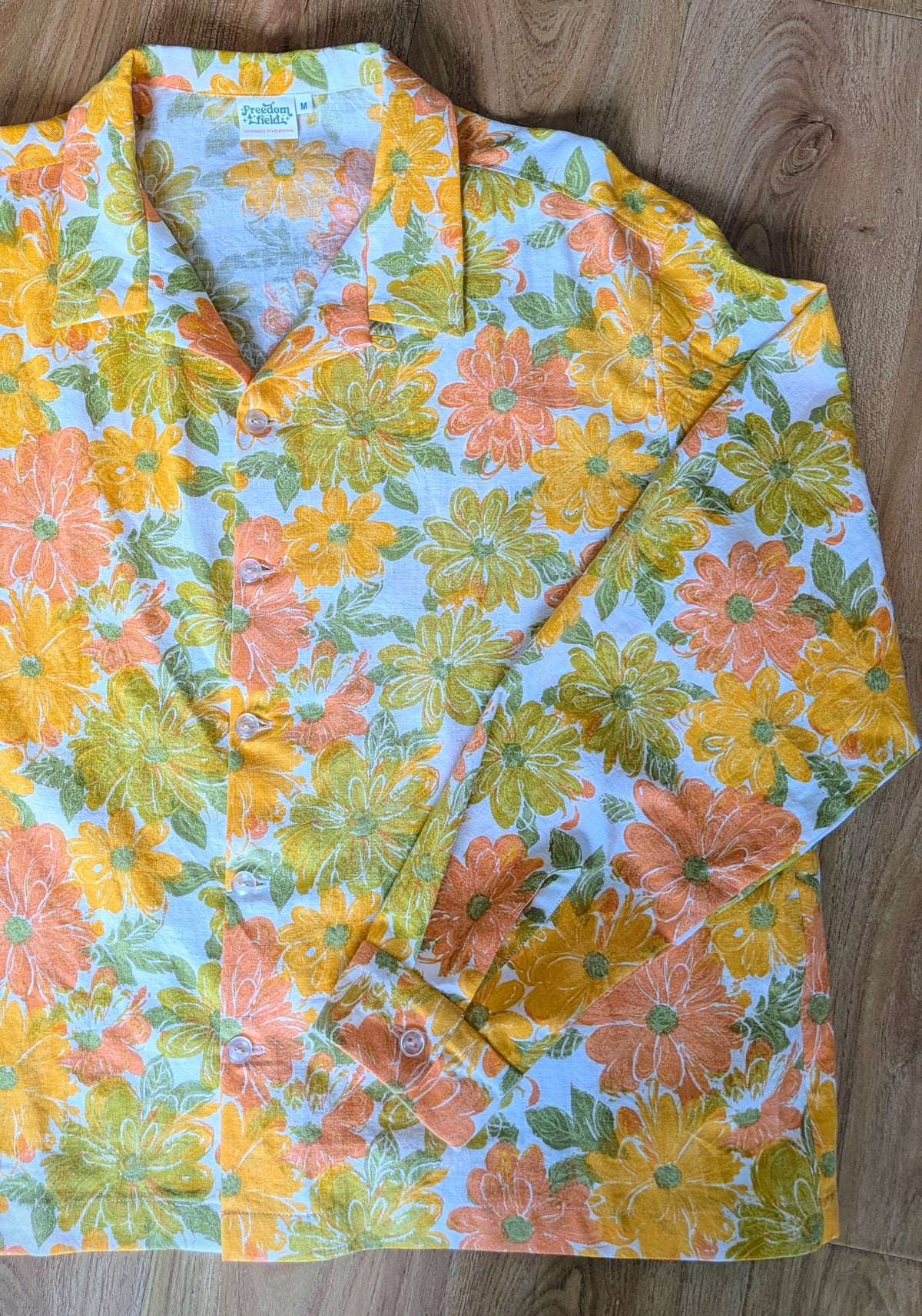 1970s Vintage Long Sleeve Unisex Upcycled Cotton Button-up Overshirt – Lazy Daisy (Yellow, Orange & Green / Size M) | Freedomfield
