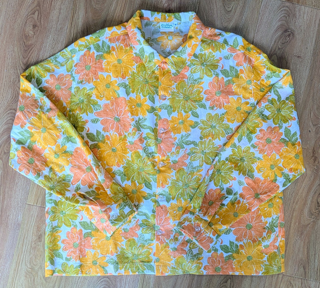 1970s Vintage Long Sleeve Unisex Upcycled Cotton Button-up Overshirt – Lazy Daisy (Yellow, Orange & Green / Size M) | Freedomfield