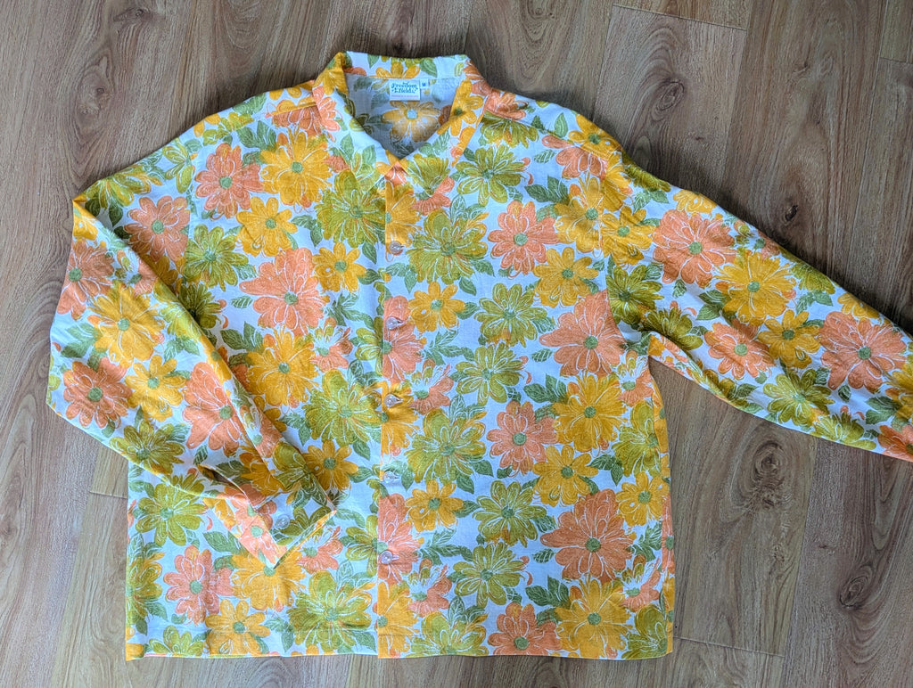 1970s Vintage Long Sleeve Unisex Upcycled Cotton Button-up Overshirt – Lazy Daisy (Yellow, Orange & Green / Size M) | Freedomfield