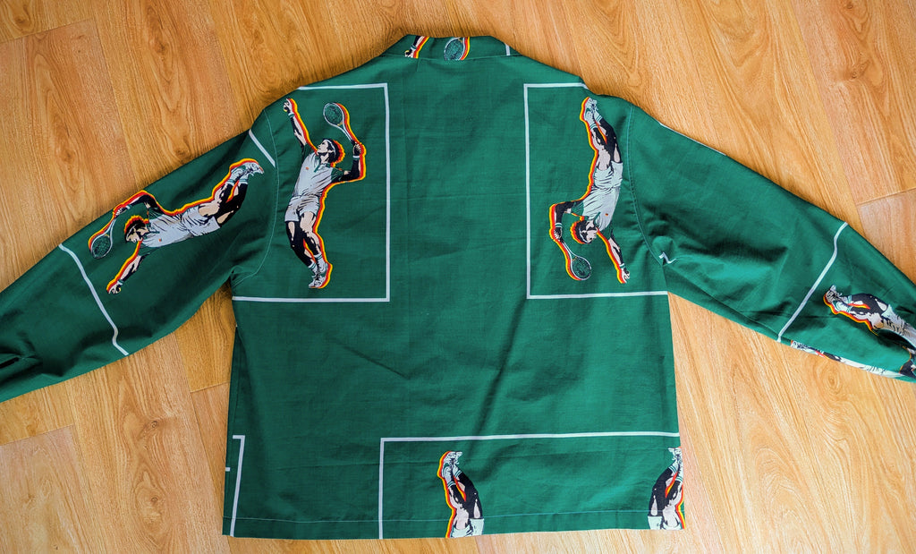 1980s Tennis Player Long Sleeve Unisex Upcycled Cotton Button-up Overshirt – Serving Love (Green / Size M) | Freedomfield