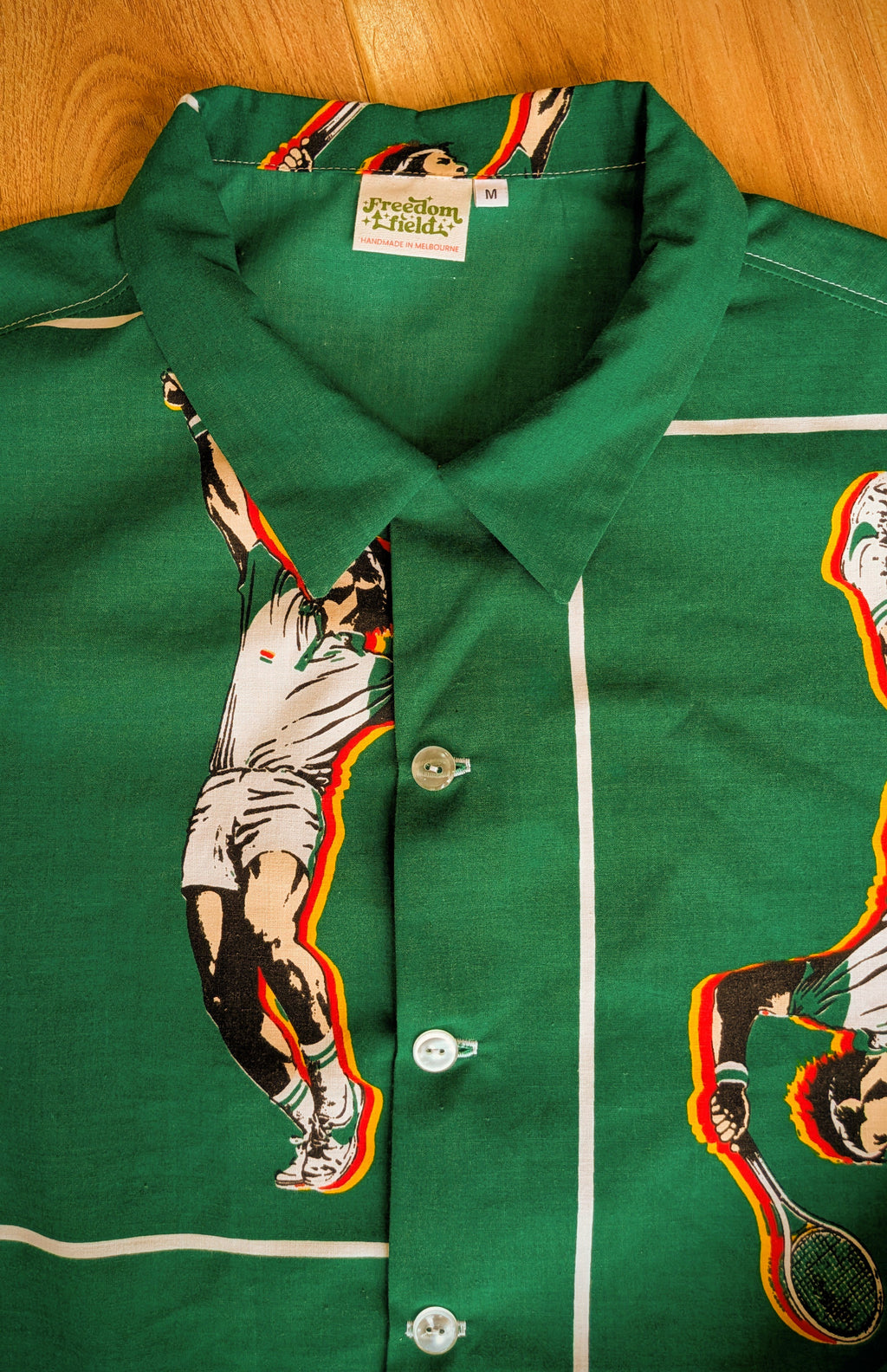 1980s Tennis Player Long Sleeve Unisex Upcycled Cotton Button-up Overshirt – Serving Love (Green / Size M) | Freedomfield
