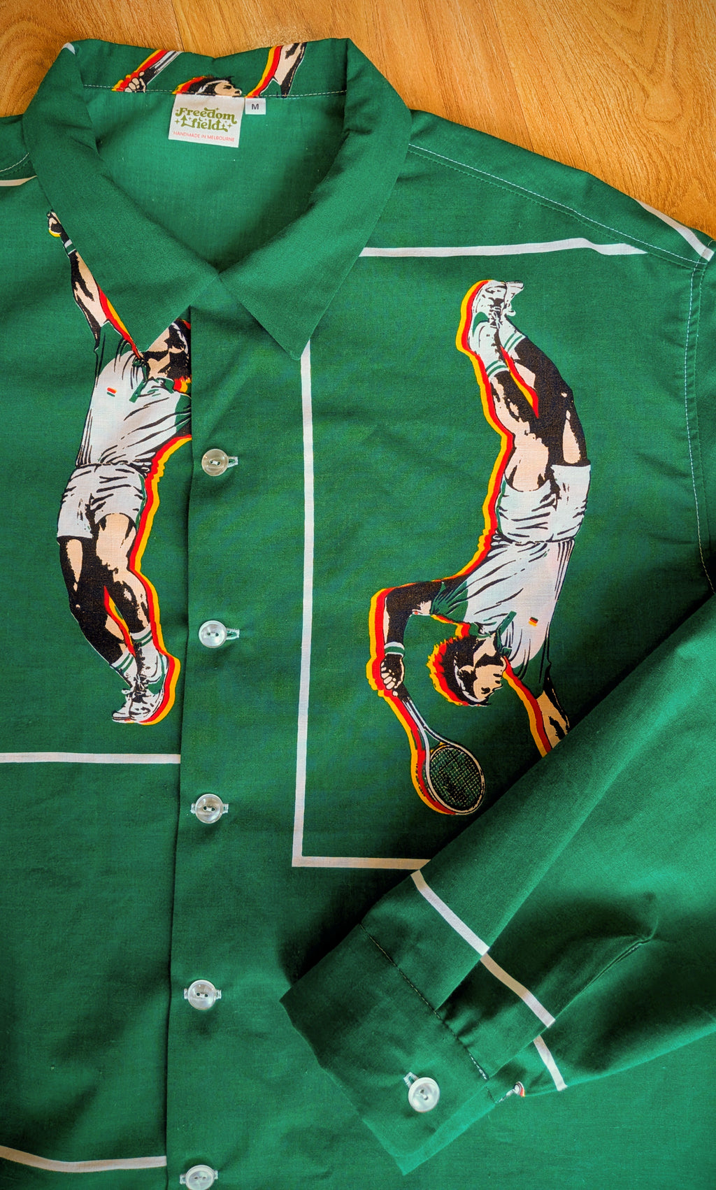 1980s Tennis Player Long Sleeve Unisex Upcycled Cotton Button-up Overshirt – Serving Love (Green / Size M) | Freedomfield