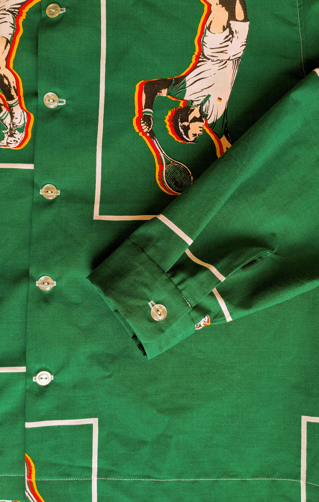 1980s Tennis Player Long Sleeve Unisex Upcycled Cotton Button-up Overshirt – Serving Love (Green / Size M) | Freedomfield