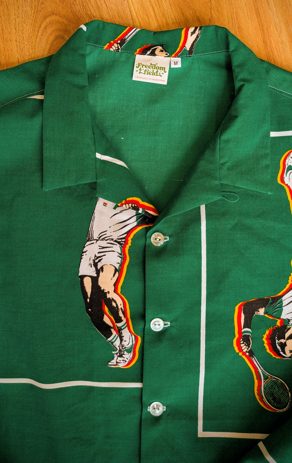 1980s Tennis Player Long Sleeve Unisex Upcycled Cotton Button-up Overshirt – Serving Love (Green / Size M) | Freedomfield