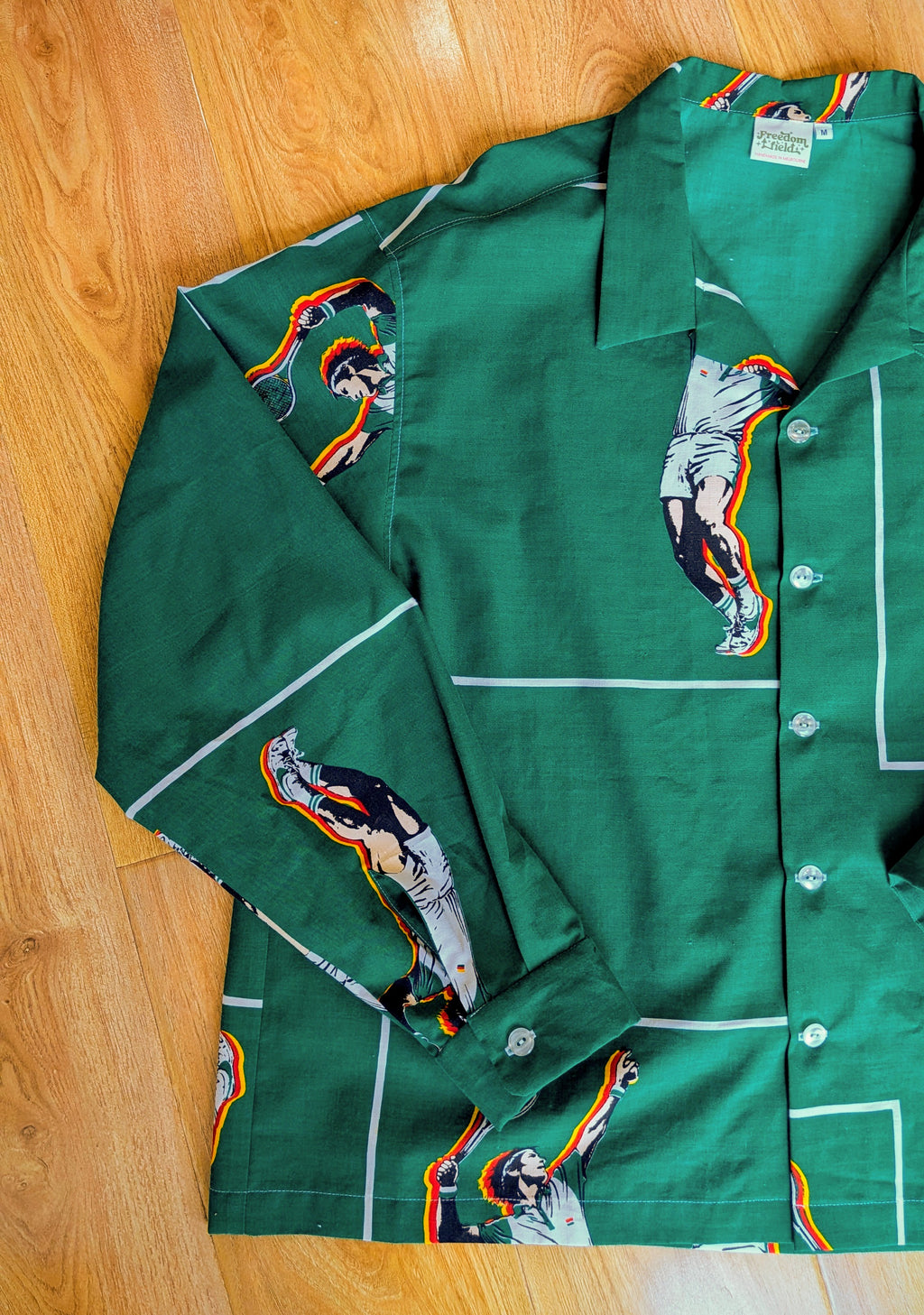 1980s Tennis Player Long Sleeve Unisex Upcycled Cotton Button-up Overshirt – Serving Love (Green / Size M) | Freedomfield