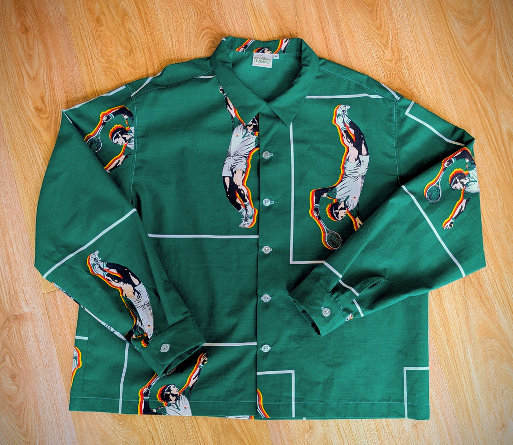 1980s Tennis Player Long Sleeve Unisex Upcycled Cotton Button-up Overshirt – Serving Love (Green / Size M) | Freedomfield