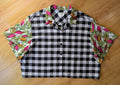 Classic Cut Crop Upcycled Cotton/Polyester Button-up Shirt – Korny Kitchen (Black & White Gingham / Yellow & Hot Pink Corn Print | size 3XL) | Freedomfield